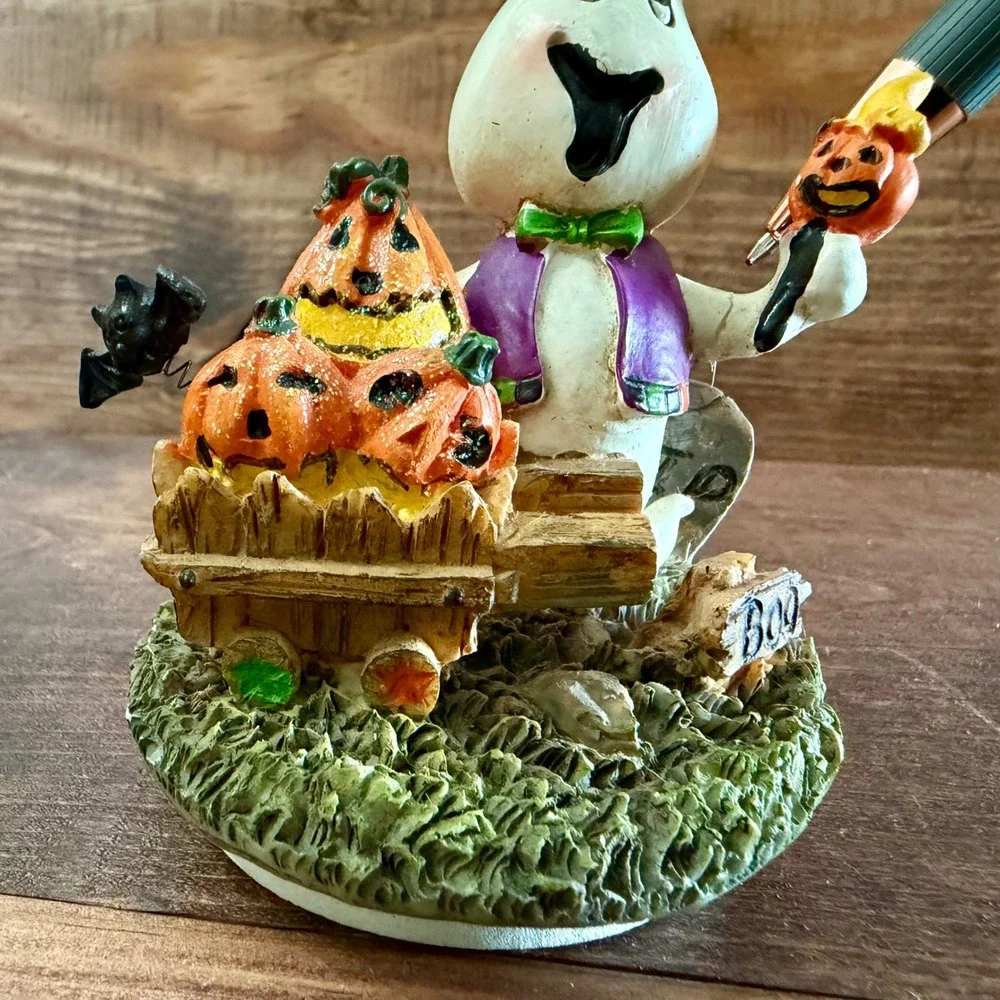 Halloween Ghost Figurine with Pumpkins and Bat Resin Decor Adorable Multi Color